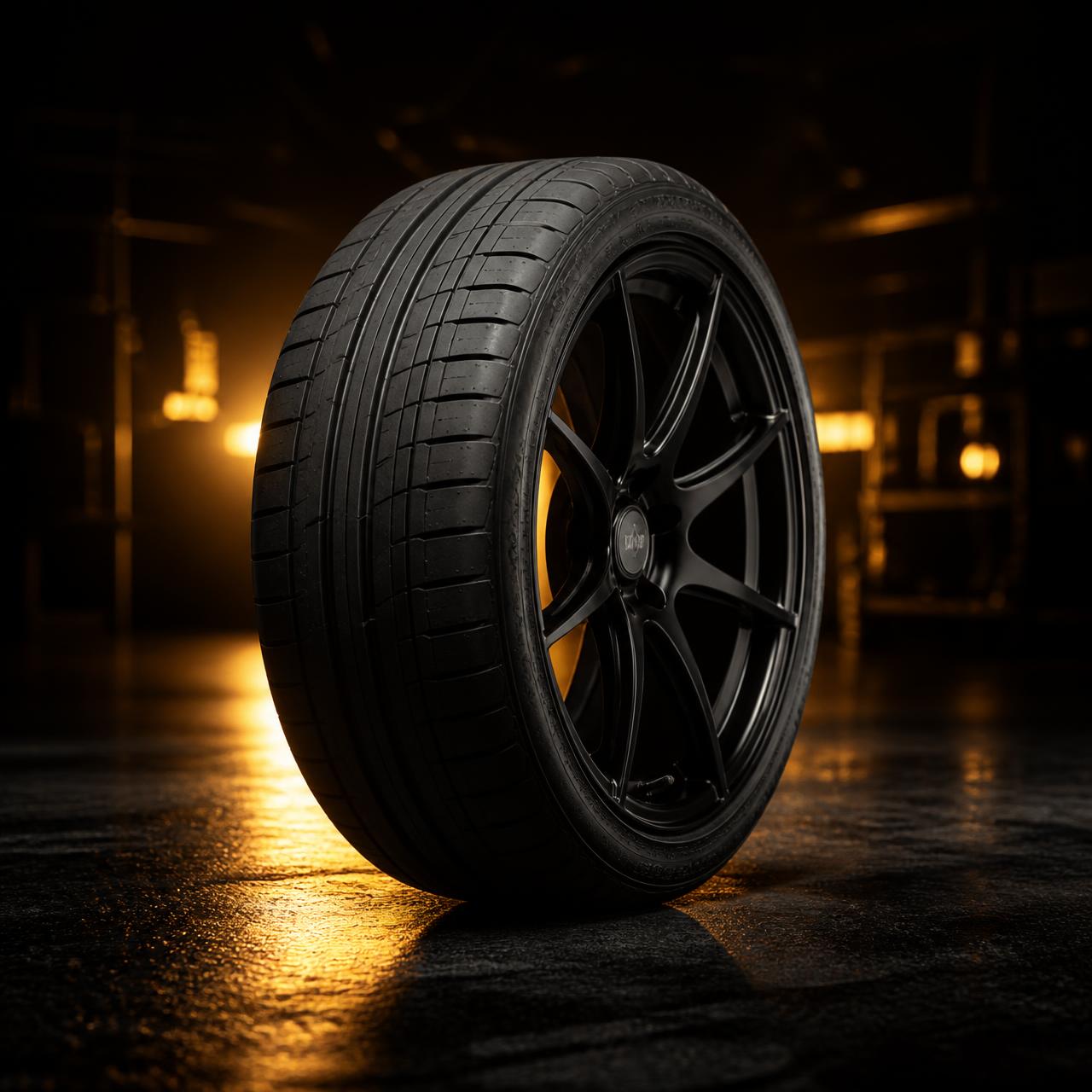 Performance car tyre on an alloy wheel at the Uncle Sam Tyres workshop in Braintree